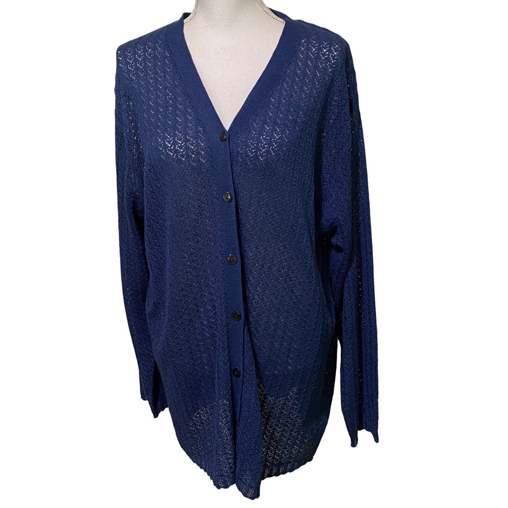 Vtg 90s Blue Open Knit V-Neck Cardigan Sz 2 Eclectic Grandpa Grunge Coastal Y2K
